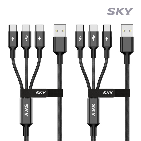 USB-A to 3in1 27W 고속 충전케이블, SKY-A2C3-3IN1-2M-2 [블랙/2m] [1Set-2개]