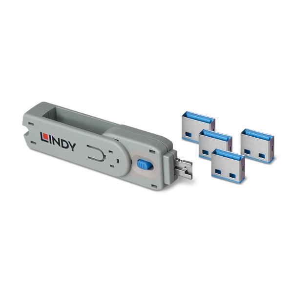 포트 잠금장치, 스윙형 USB 락, LINDY-40452 [블루/보안키1개+커넥터4개]