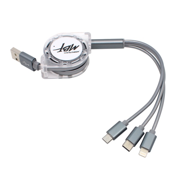 USB-A 2.0 to 3in1 충전케이블, 자동감김 릴케이블, MBF-USB3IN1GY [그레이/1m]