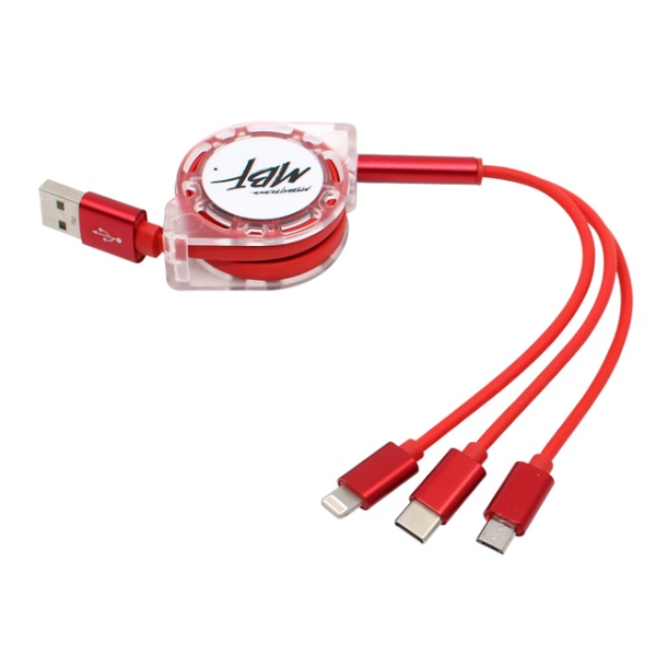 USB-A 2.0 to 3in1 충전케이블, 자동감김 릴케이블, MBF-USB3IN1RD [레드/1m]
