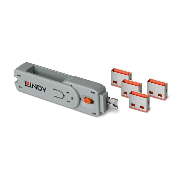 포트 잠금장치, 스윙형 USB 락, LINDY-40453 [오렌지/보안키1개+커넥터4개]