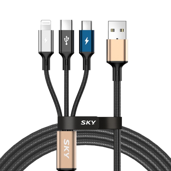 USB-A 2.0 to 3in1 27W 고속 충전케이블, SKY-A2-3IN1 [블랙/1.2m]