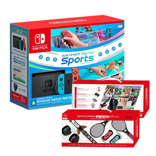 SWITCH 닌텐도 스위치 본체 스위치 스포츠 세트 / Nintendo Switch Sports 세트 [온라인 개인플랜 12개월 이용권 포함] & 테크라인 올인원 스포츠 키트 (7in1)