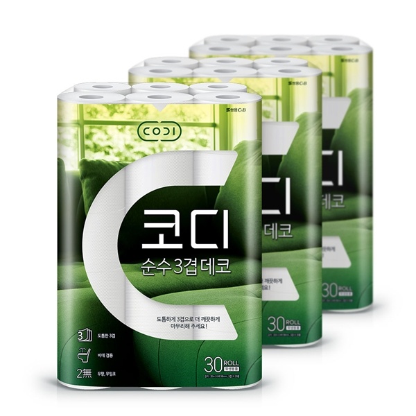 쌍용씨앤비 코디 순수 3겹 데코 화장지 30m 30롤 3팩