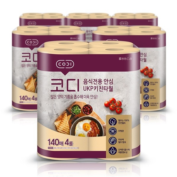 쌍용씨앤비 코디 음식전용 안심 UKP 키친타월 140매 4롤 6팩