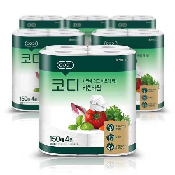 쌍용씨앤비 코디 키친타월 150매 4롤 6팩