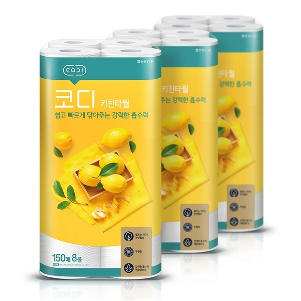 쌍용씨앤비 코디 키친타월 150매 8롤 3팩