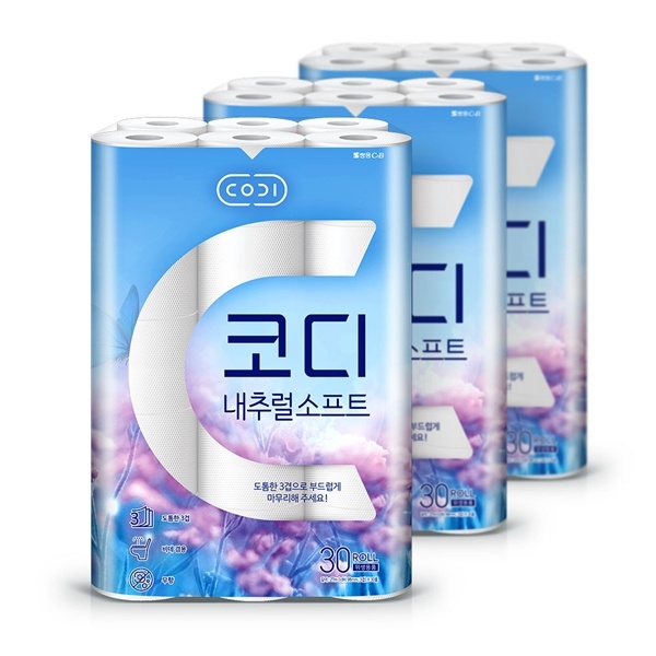 쌍용씨앤비 코디 내추럴 소프트 3겹 화장지 27m 30롤 3팩
